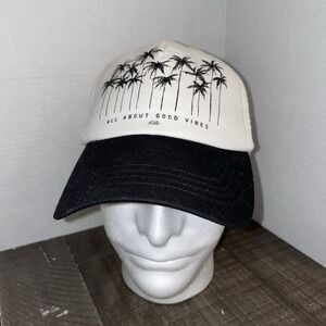 Billabong Good Vibes Snap‎ Back Trucker Hat Cap Men Black White Palm Trees Beach